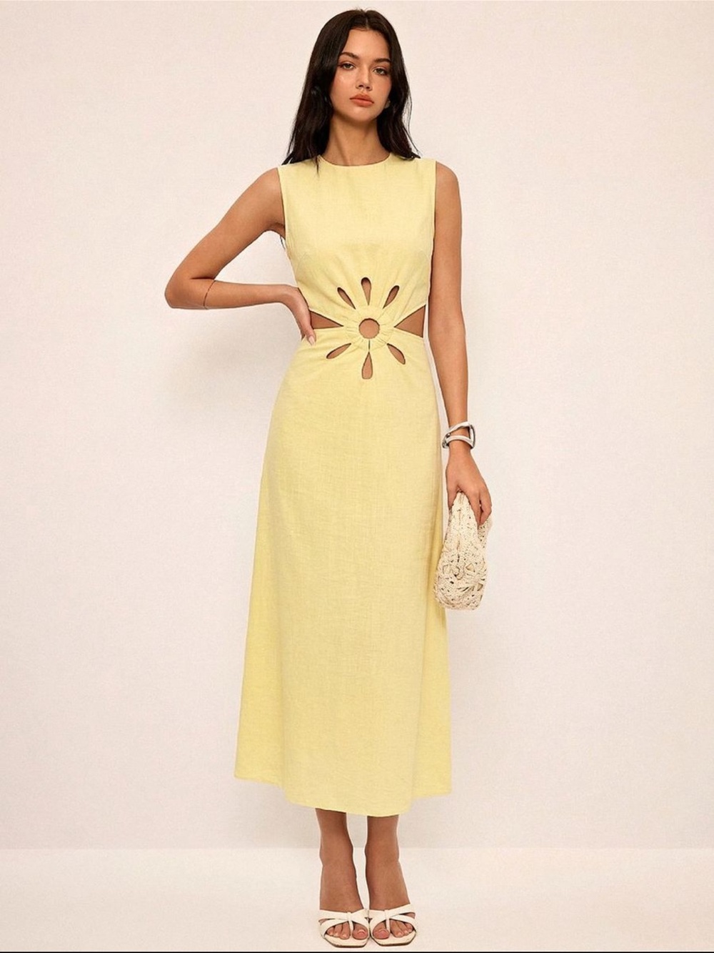 Commense Yellow Sleeveless Midi Dress with Floral Cutout